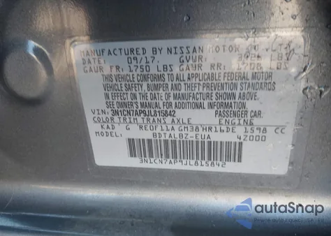 2018 Nissan Versa 1.6 Sv из США, поврежденный, VIN 3N1CN7AP9JL815842